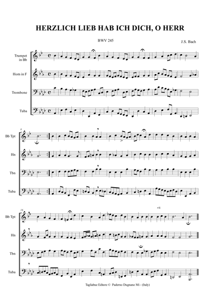 Bach, HERZLICH LIEB HAB ICH DICH, O HERR, BWV 245. Arr. for Brass quartet image number null