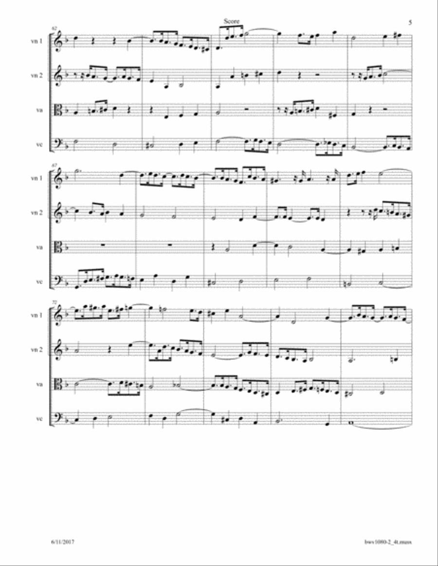 Bach: The Art of Fugue, BWV 1080 Fugue No. 2 arr. for String Quartet String Quartet scores gallery preview page 5