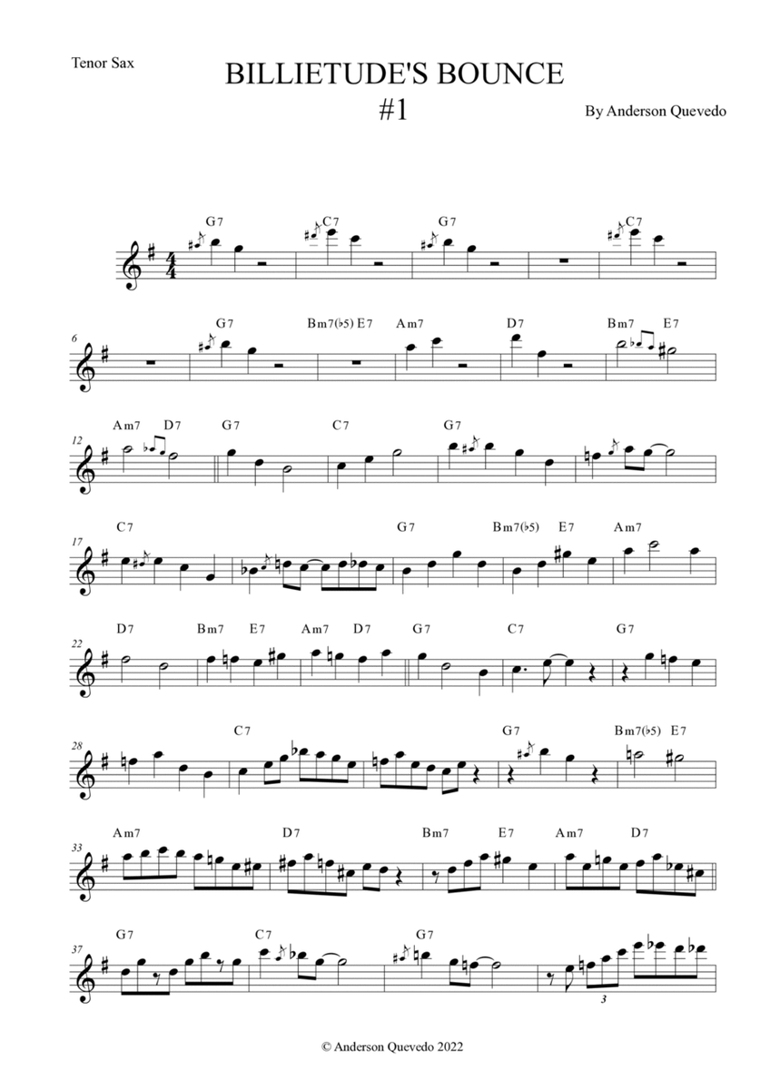 Billietude's Bounce #1 for Tenor Saxophone - Easy Intermediate Blues/Jazz Original Etude image number null