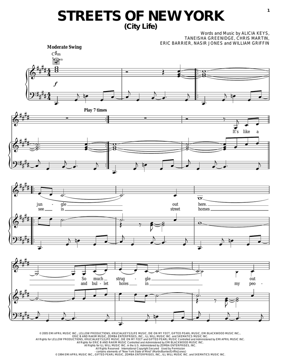 Streets Of New York (City Life) Piano, Vocal, Guitar scores gallery preview page 1