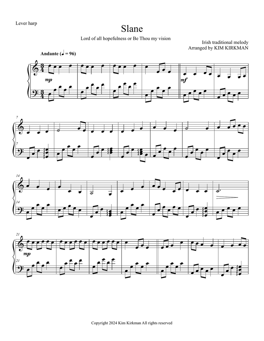 Book cover for Slane or Be Thou my vision for lever harp in key of C (no levers required)