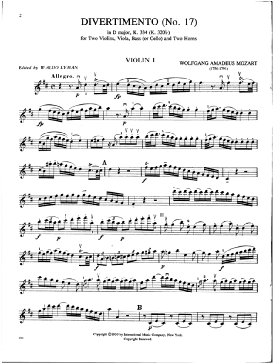 Divertimento No. 17 In D Major, K. 334 For 2 Violins, Viola, Bass (Or Cello) & 2 Horns Horn scores gallery preview page 2