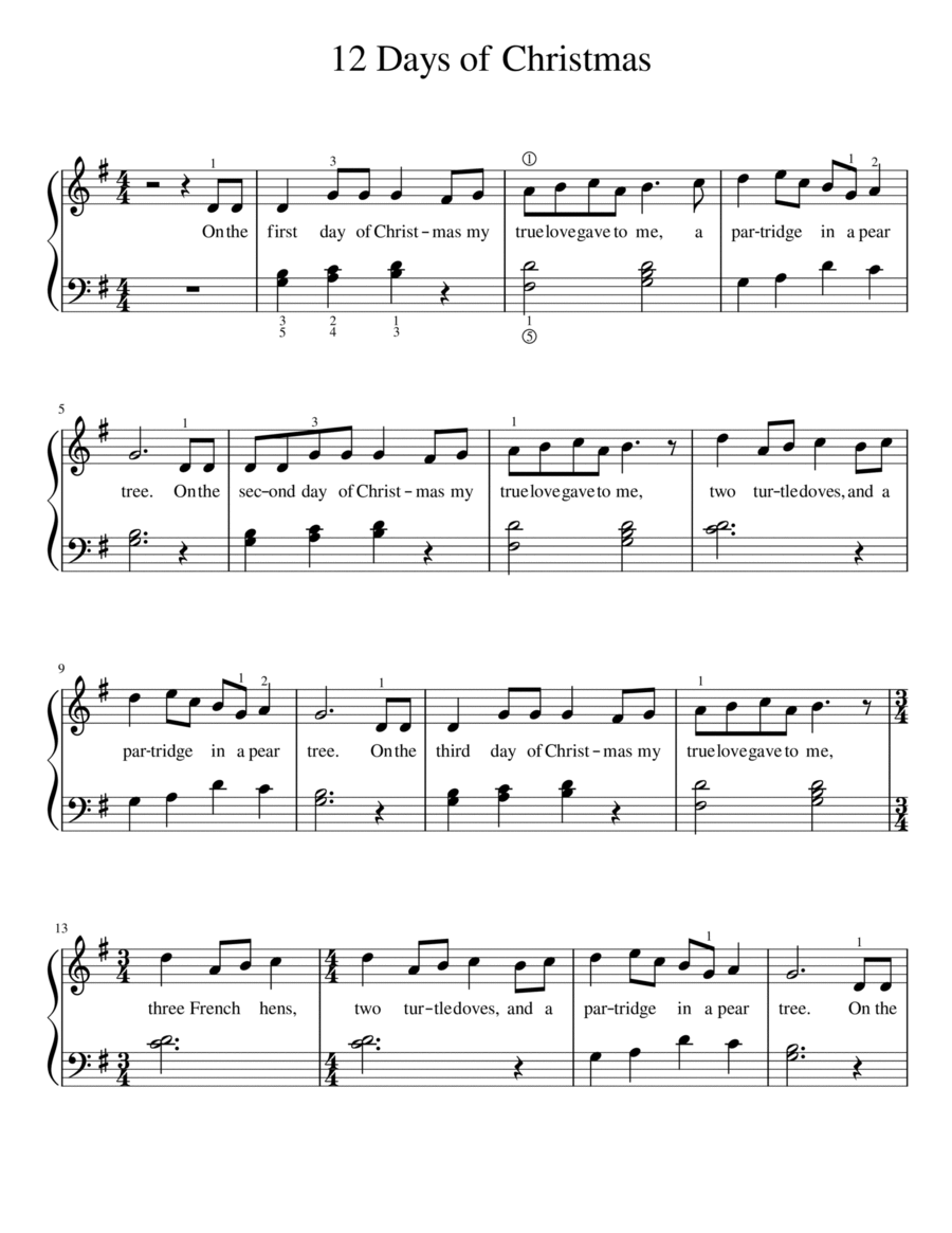 Twelve Days of Christmas (Late Beginner Piano Sheet Music) Easy Piano scores gallery preview page 1