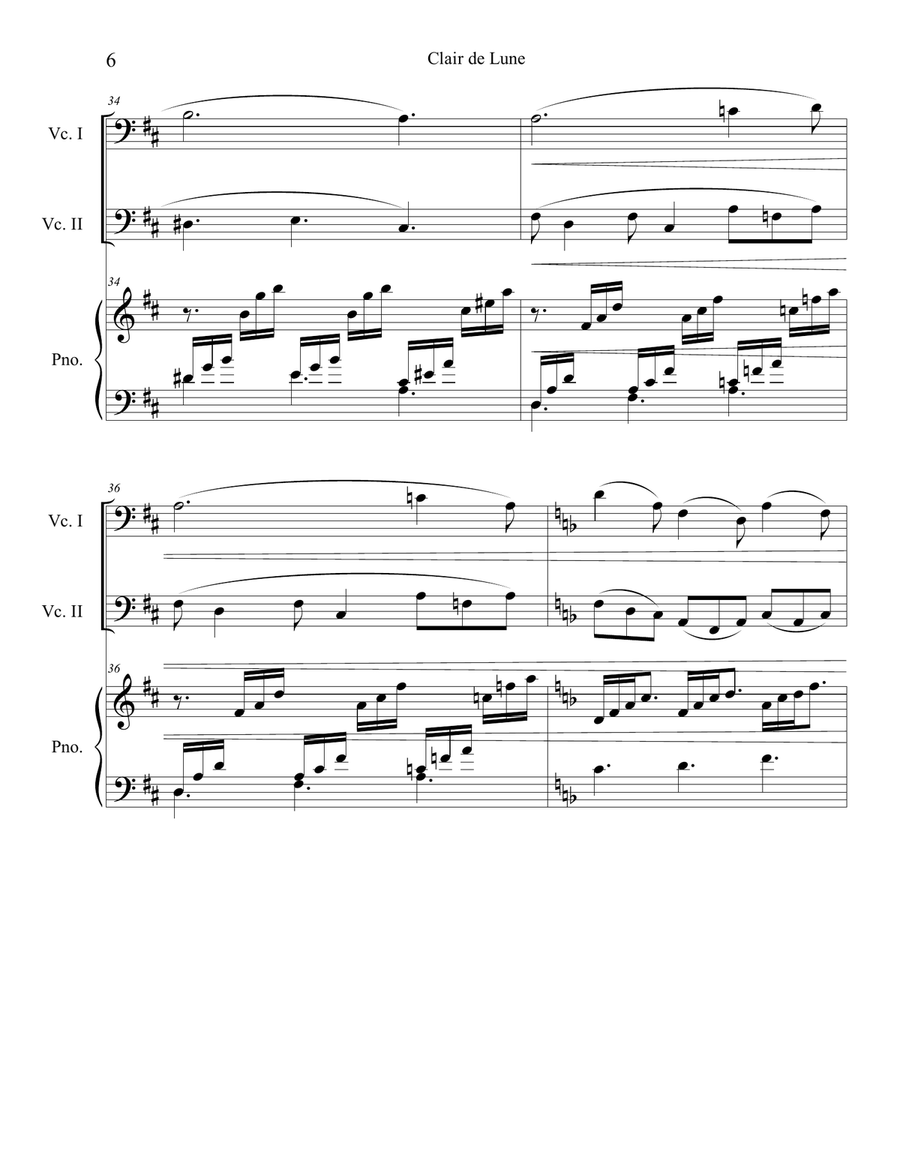 Clair de Lune (Cello Duet) with piano accompaniment String Duet scores gallery preview page 6