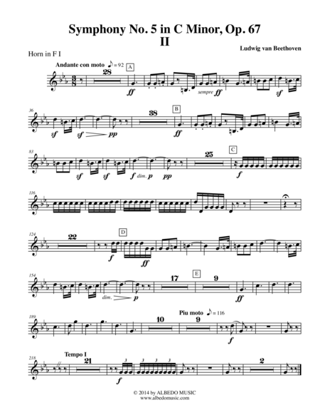 Beethoven Symphony No. 5, Movement II - Horn in F 1 (Transposed Part), Op. 67