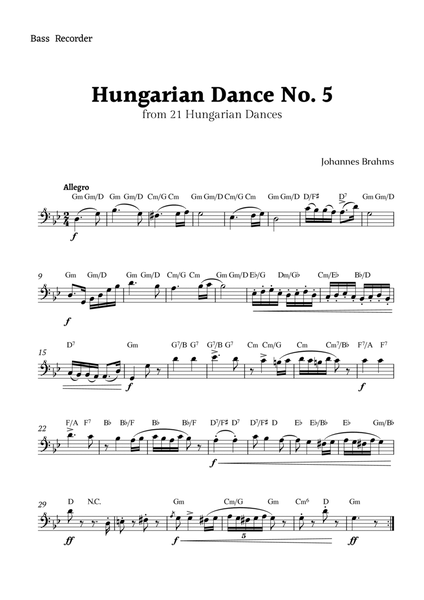 Hungarian Dance No. 5 by Brahms for Bass Recorder Solo image number null