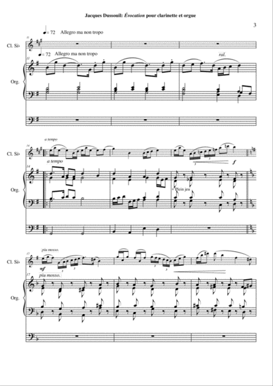 Jacques Dussouil: Évocation for Bb clarinet and organ Woodwind Duet scores gallery preview page 3