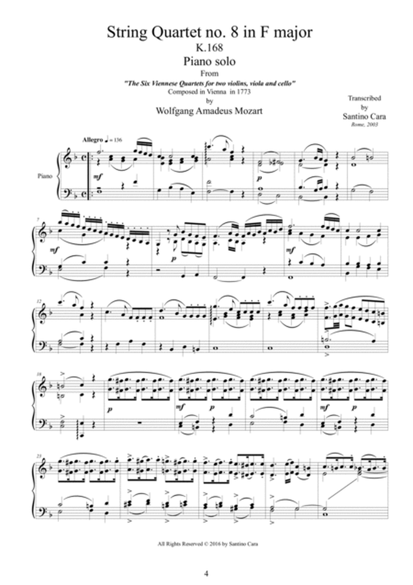 Mozart - Six Viennese Quartets transcribed for piano
