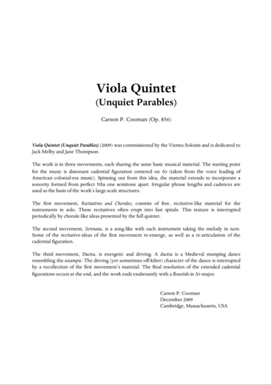 Carson Cooman - Viola Quintet (Unquiet Parables) (2009) for two violins, two violas and cello String Quintet scores gallery preview page 1