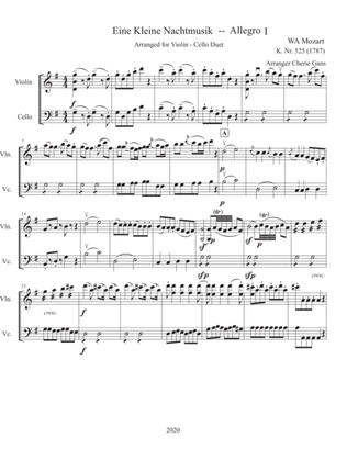 Mozart Eine Kleine Nachtmusik arranged for Violin - Cello Duet SCORE only