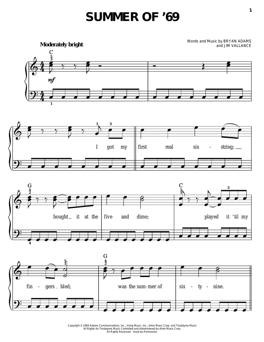Summer Of '69 Easy Piano scores gallery preview page 1