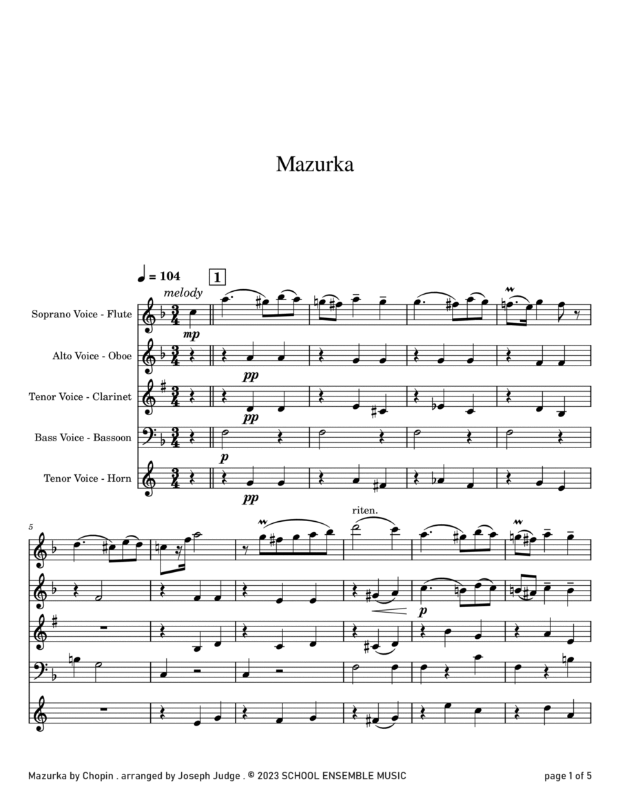 Mazurka by Chopin for Woodwind Quartet in Schools image number null