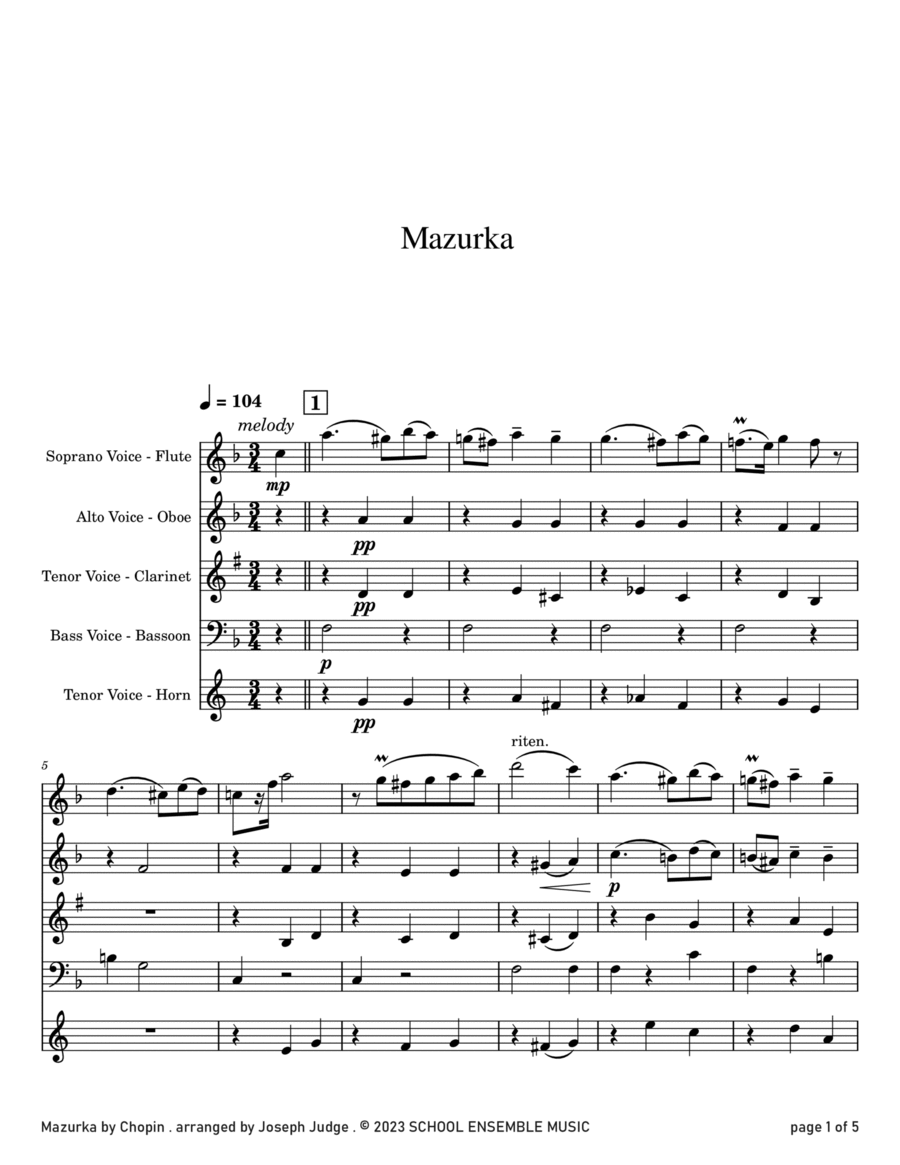 Mazurka by Chopin for Woodwind Quartet in Schools Woodwind Quartet scores gallery preview page 1