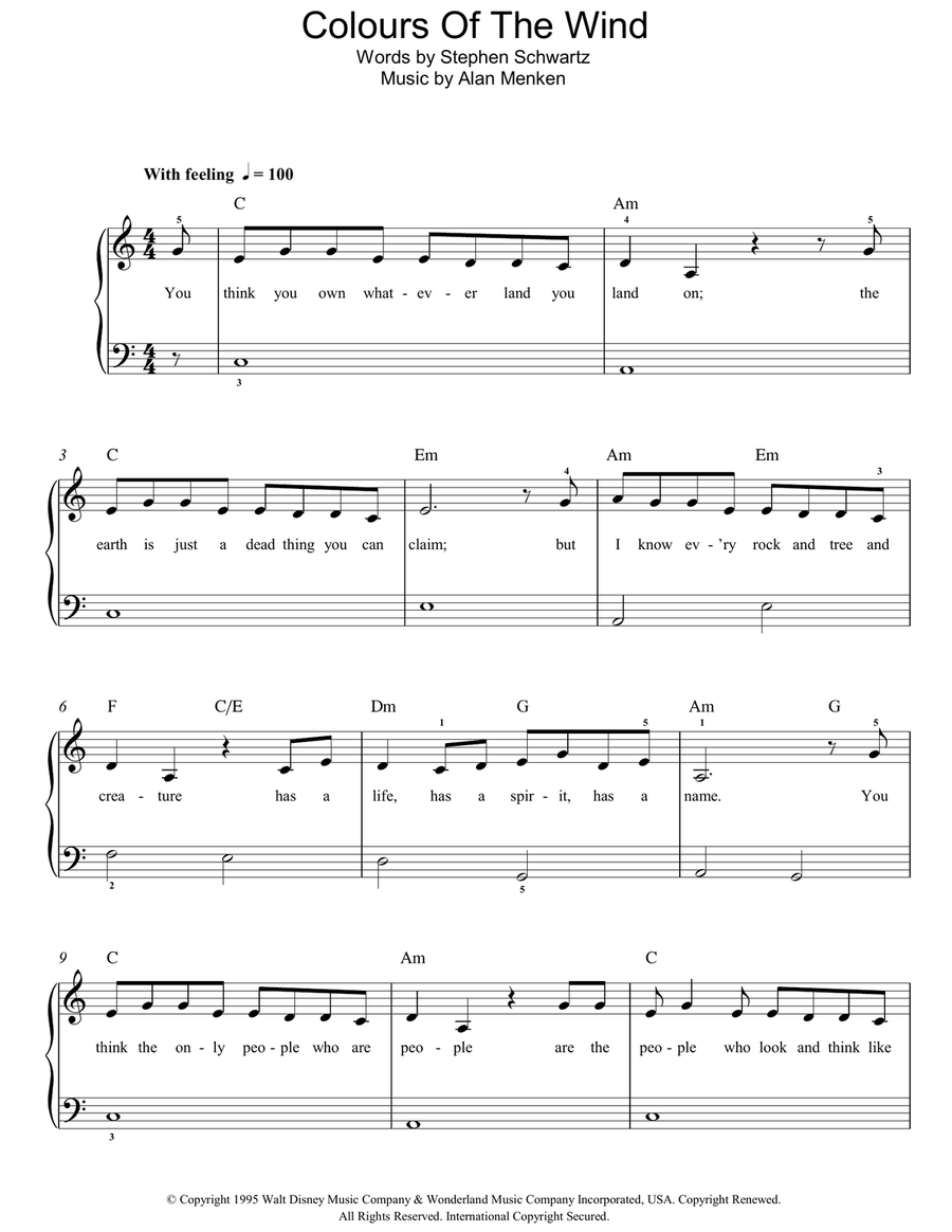 Colors Of The Wind (from Pocahontas) Easy Piano scores gallery preview page 1