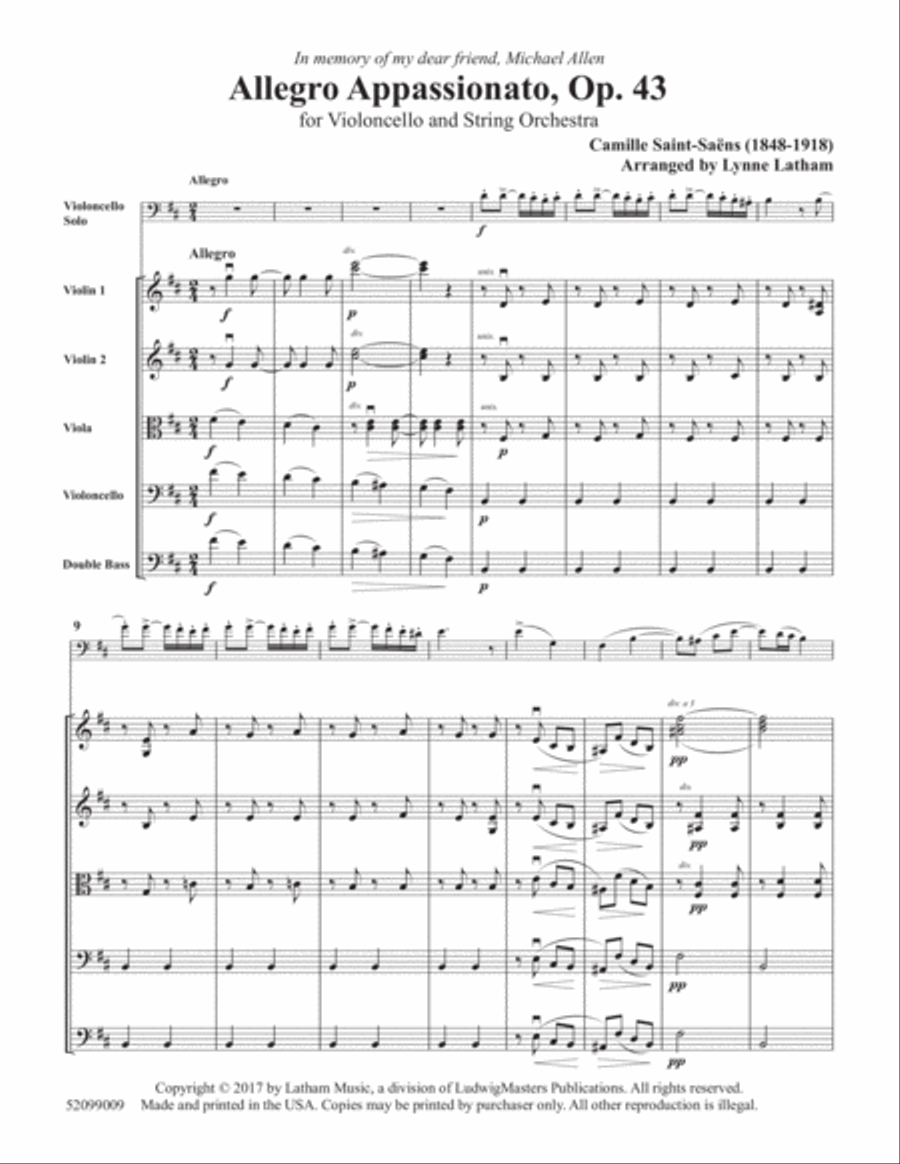 Allegro Appassionato, Op. 43 for Violoncello and String Orchestra String Orchestra scores gallery preview page 1