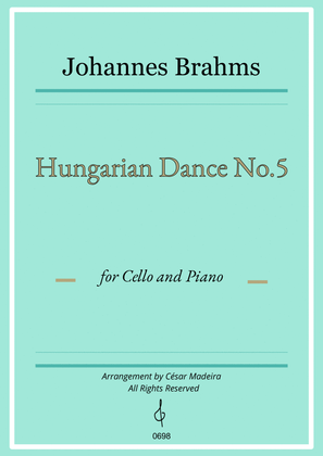 Book cover for Hungarian Dance No.5 by Brahms - Cello and Piano (Full Score and Parts)