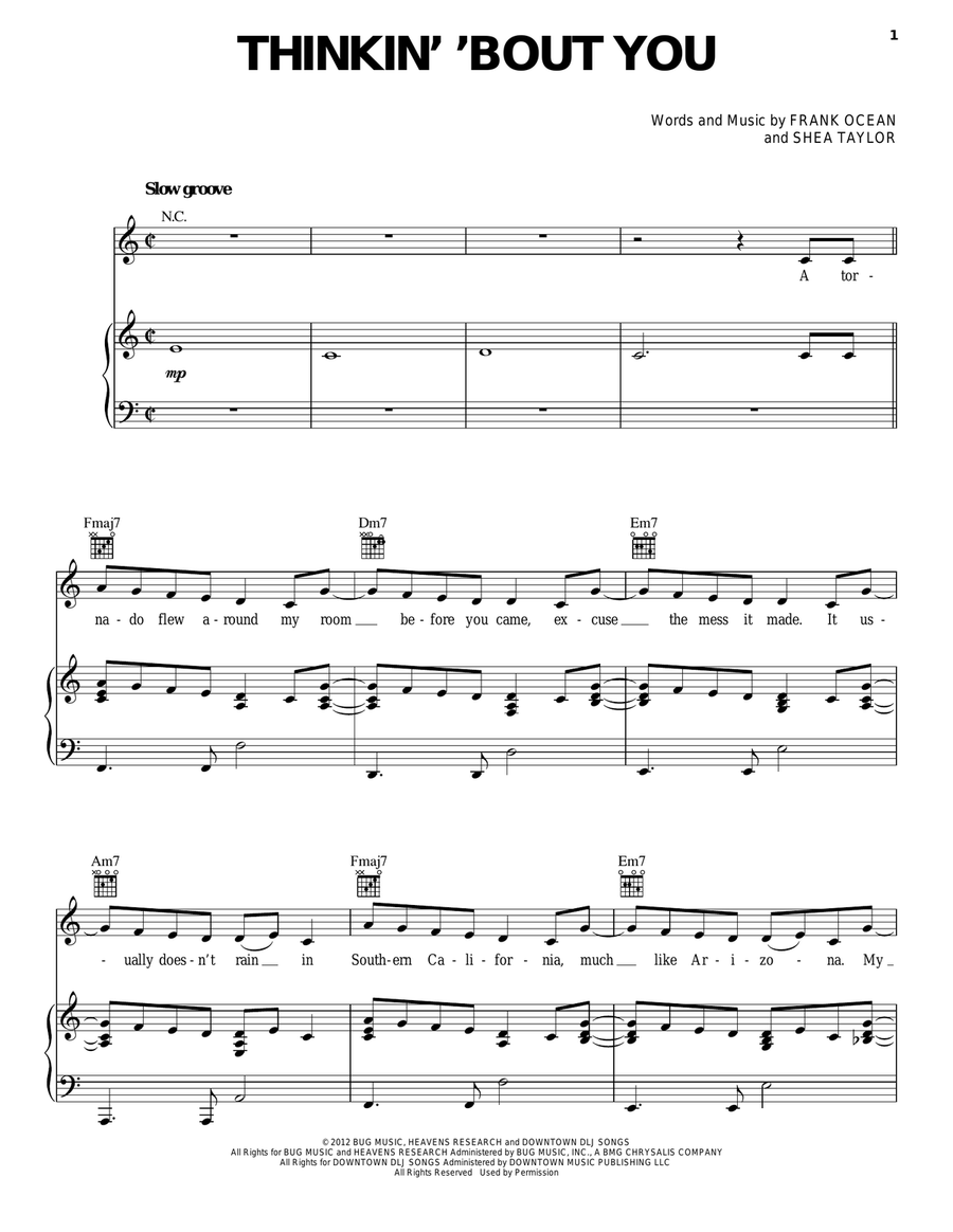 Thinkin' 'Bout You Piano, Vocal, Guitar scores gallery preview page 1