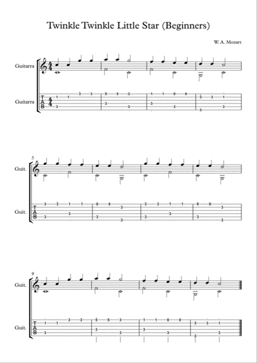 Twinkle Twinkle Little Star (Beginners) Acoustic Guitar scores gallery preview page 1