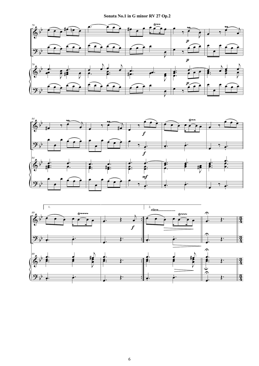 Vivaldi - Trio Sonata No.1 in G minor RV 27 Op.2 for Violin, Cello and Cembalo (or Piano) Piano Trio scores gallery preview page 6