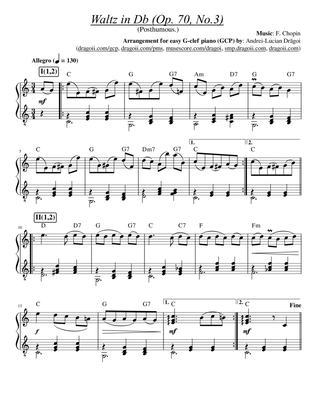 Chopin - Waltz in Db (Op. 70, No.3) (Posthumous.) - easy G-clef piano/harp (GCP/GCH) arrangement