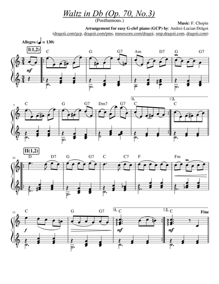 Chopin - Waltz in Db (Op. 70, No.3) (Posthumous.) - easy G-clef piano/harp (GCP/GCH) arrangement image number null