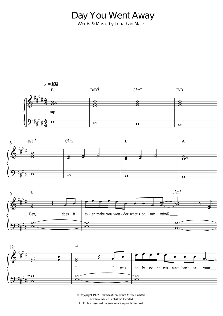 The Day You Went Away Easy Piano scores gallery preview page 1