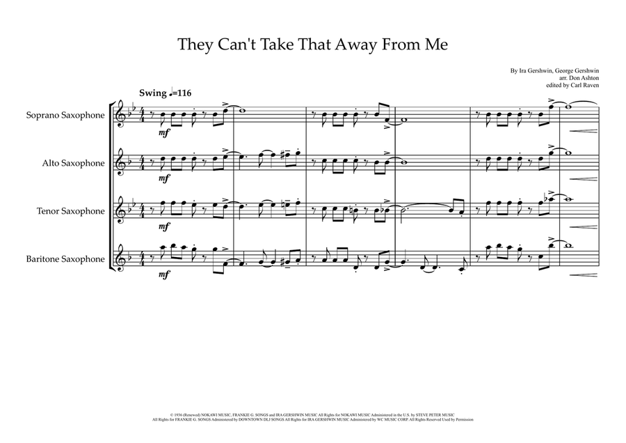They Can't Take That Away From Me Saxophone Quartet scores gallery preview page 1