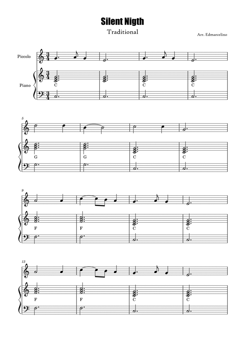 Piccolo Sheet Music for Christmas Song "Silent Nigth" to Beginners/Intermediate ( with Piano Accompa image number null