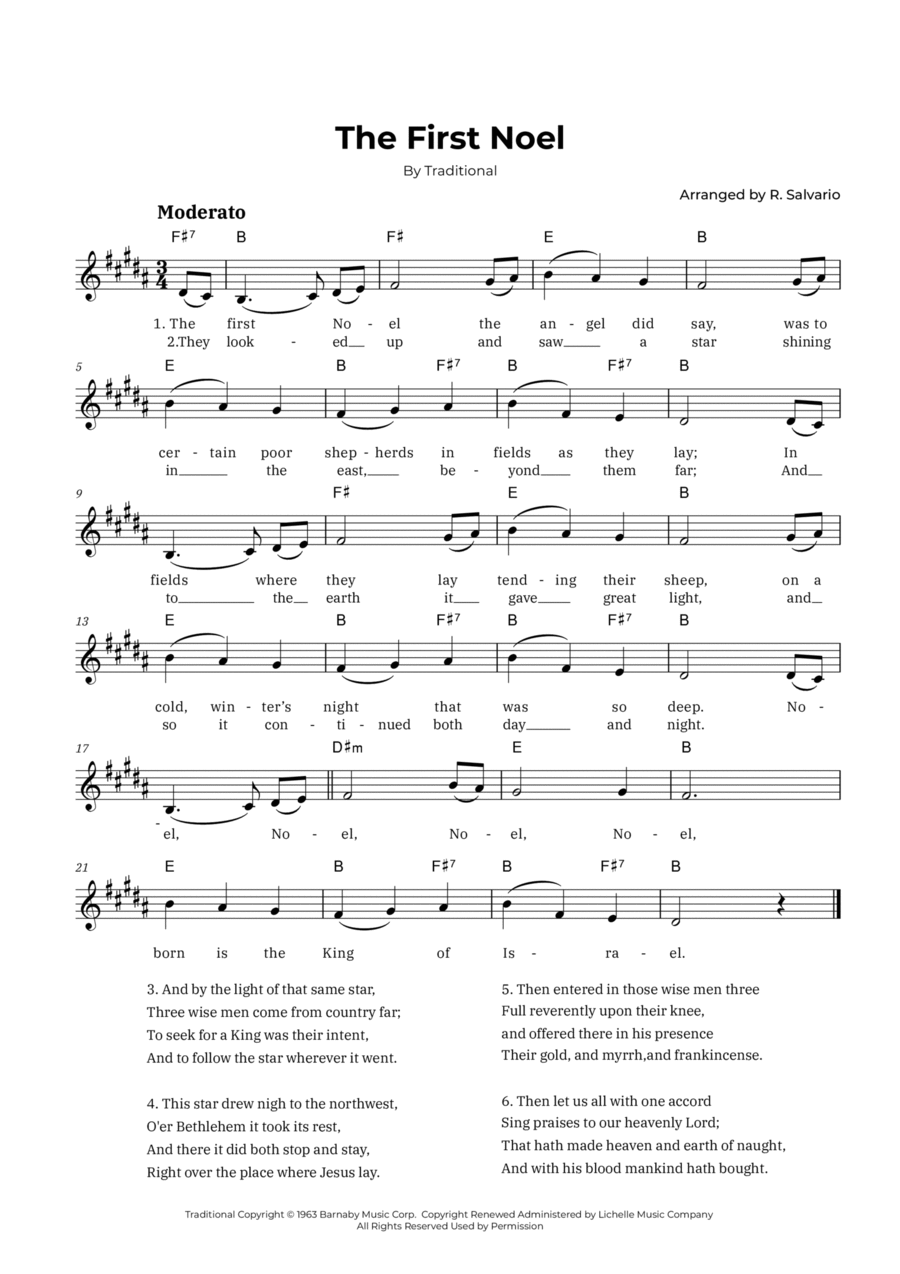 The First Noel (Key of B Major) Easy Piano scores gallery preview page 1