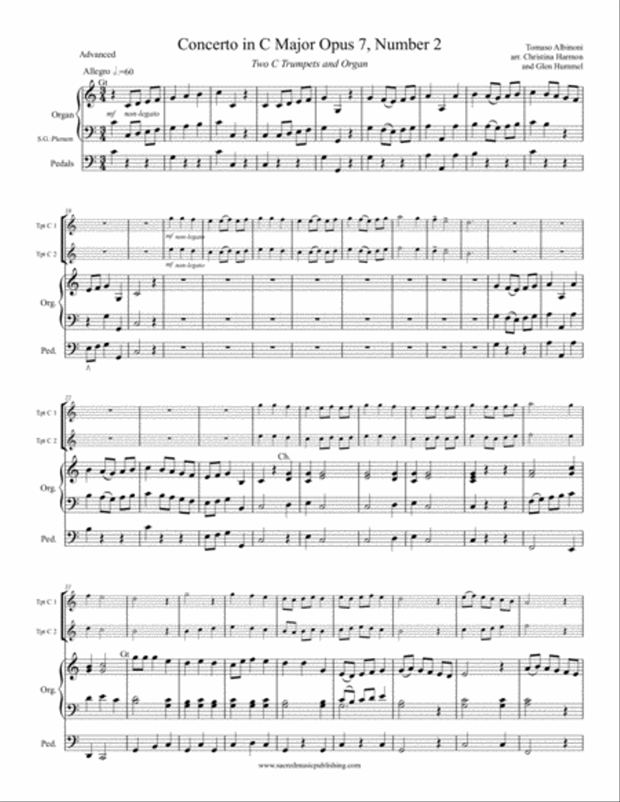 Albinoni Concerto in C Major Opus 7, Number 2 - Two Trumpets and Organ Trumpet Duet scores gallery preview page 2