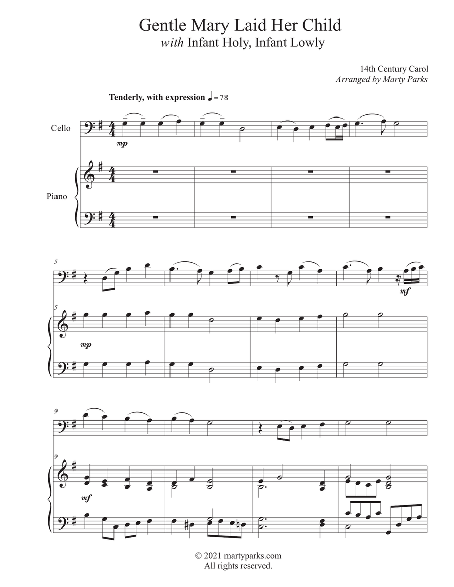 Gentle Mary Laid Her Child (Cello-Piano) Piano scores gallery preview page 1