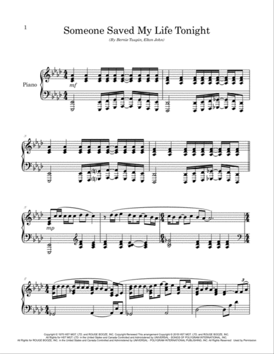 Someone Saved My Life Tonight Piano Solo scores gallery preview page 2