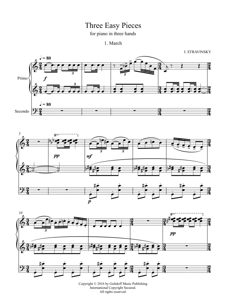 Three Easy Pieces for piano in three hands 1. March