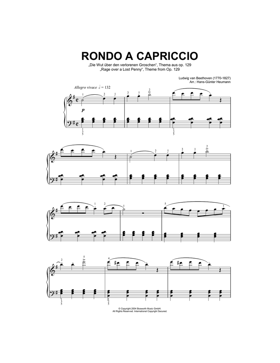 Rondo A Capriccio (Rage Over A Lost Penny), Theme from Op.129 Piano Solo scores gallery preview page 1