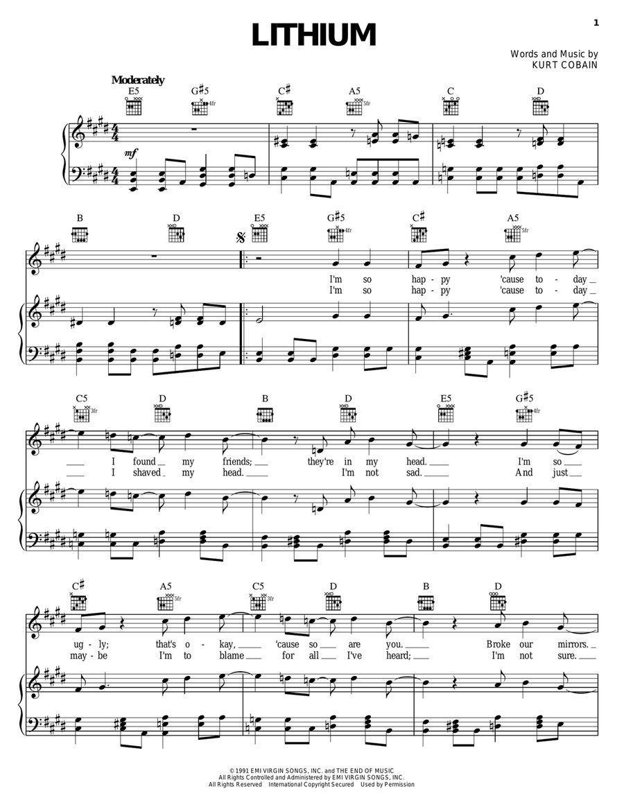 Lithium Piano, Vocal, Guitar scores gallery preview page 1