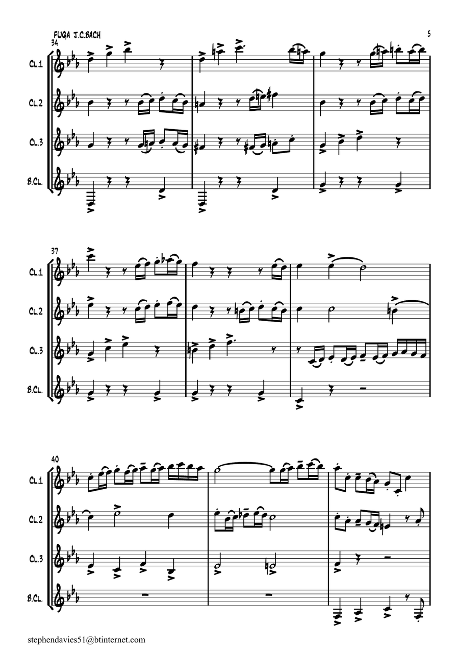 'Fuga' from '6 Sonatas For Piano' by Johann Christian Bach for Clarinet Quartet. image number null