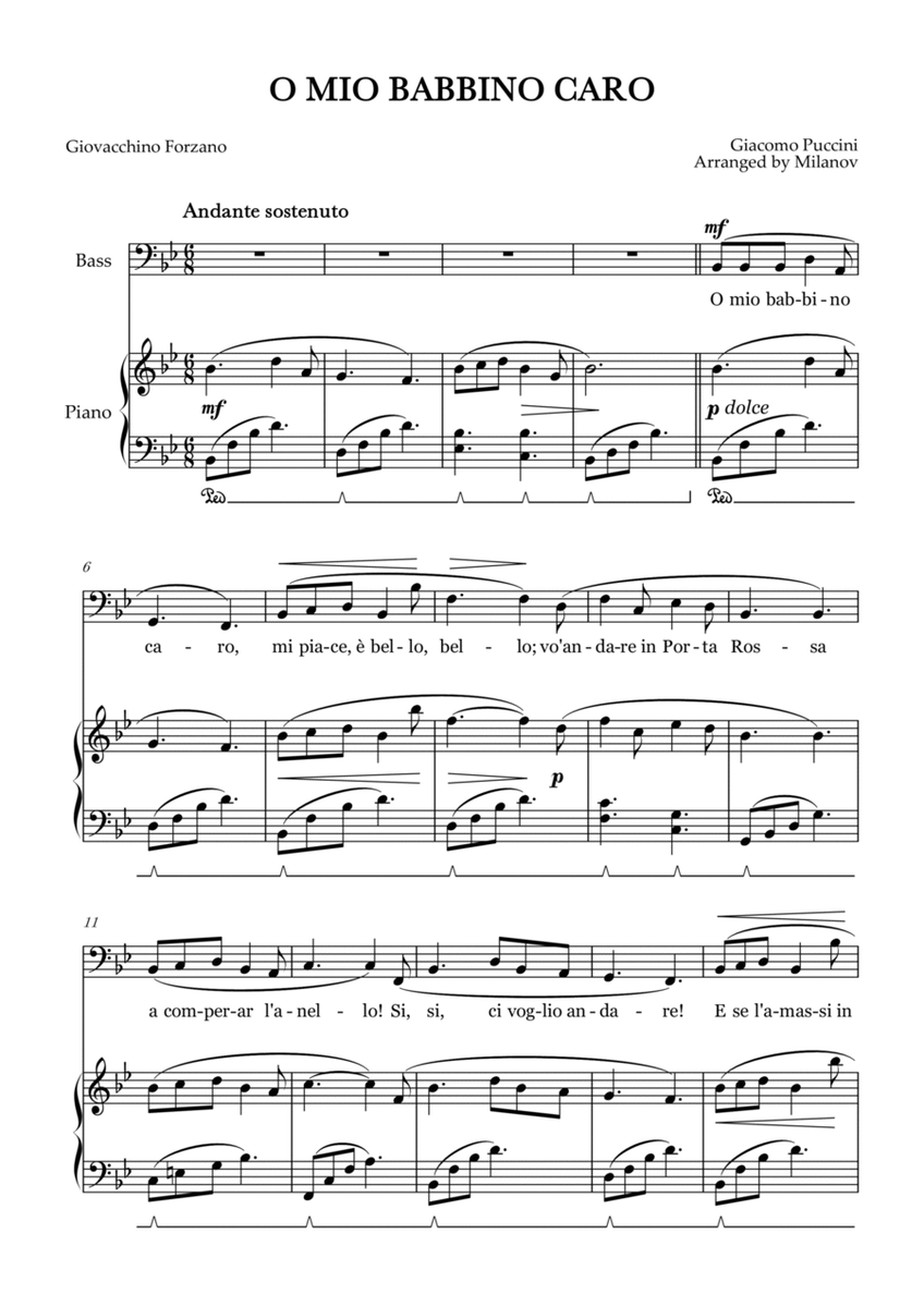 O Mio Babbino Caro | Male Voice Bass | B-flat Major | Piano accompaniment | Pedal image number null