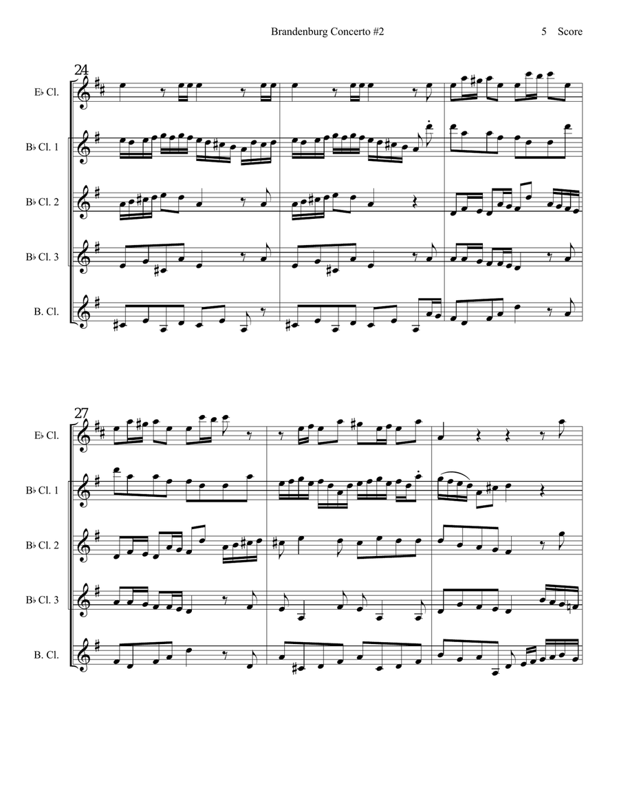 Bach Brandenburg Concerto #2 for clarinet quintet or choir Clarinet Quintet scores gallery preview page 6