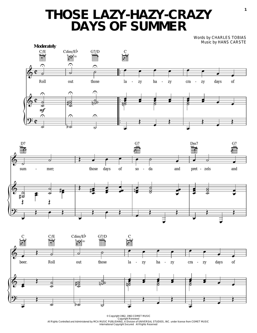 Those Lazy-Hazy-Crazy Days Of Summer Piano, Vocal, Guitar scores gallery preview page 1