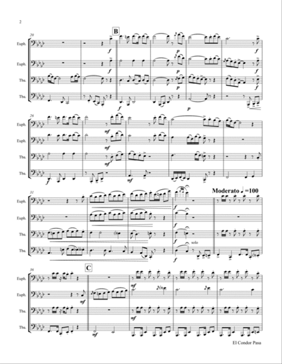 El Condor Pasa - Peruvian Folk Song - Low Brass Quartet Tuba Quartet - Ab Brass Quartet scores gallery preview page 3
