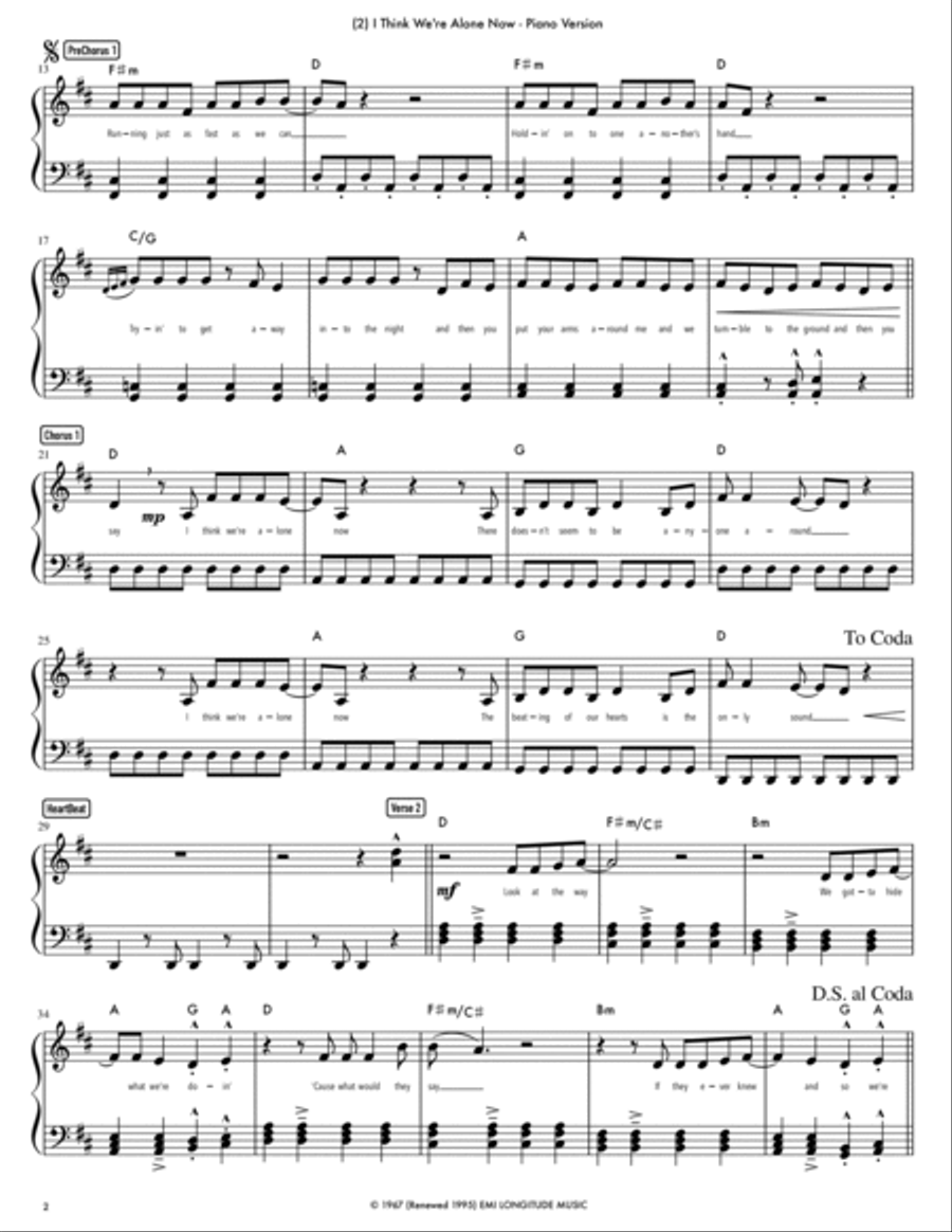 I Think We're Alone Now Piano Solo scores gallery preview page 2