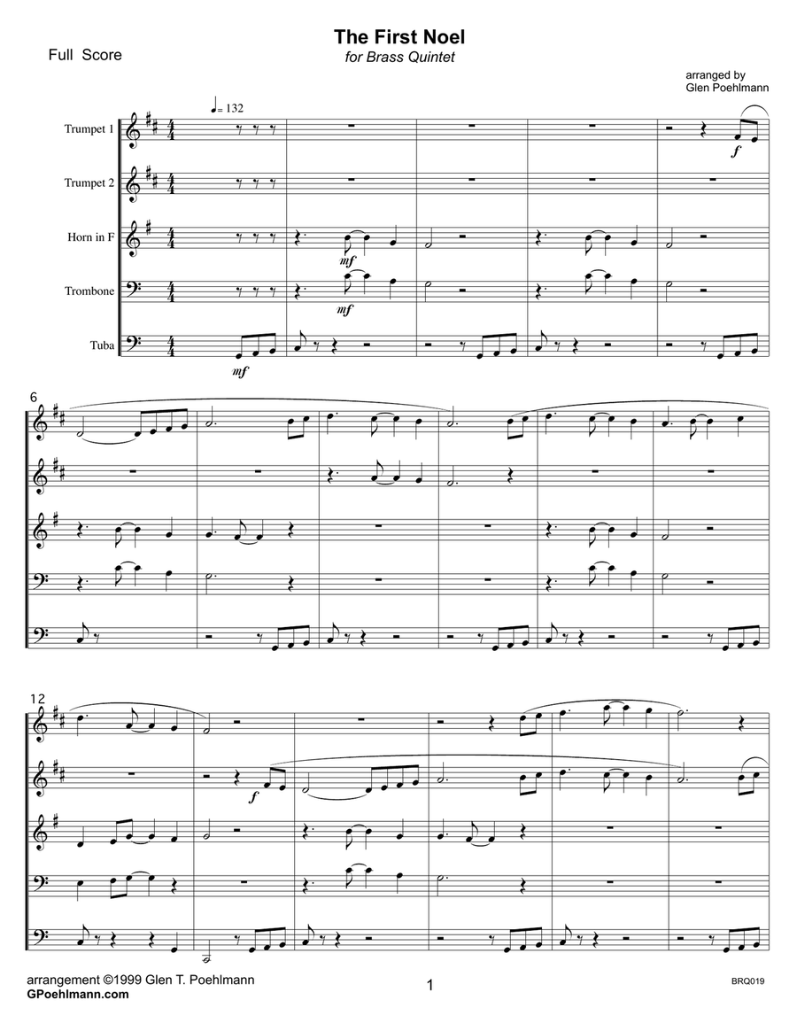 THE FIRST NOEL for BRASS QUINTET with optional Percussion Brass Quintet scores gallery preview page 1