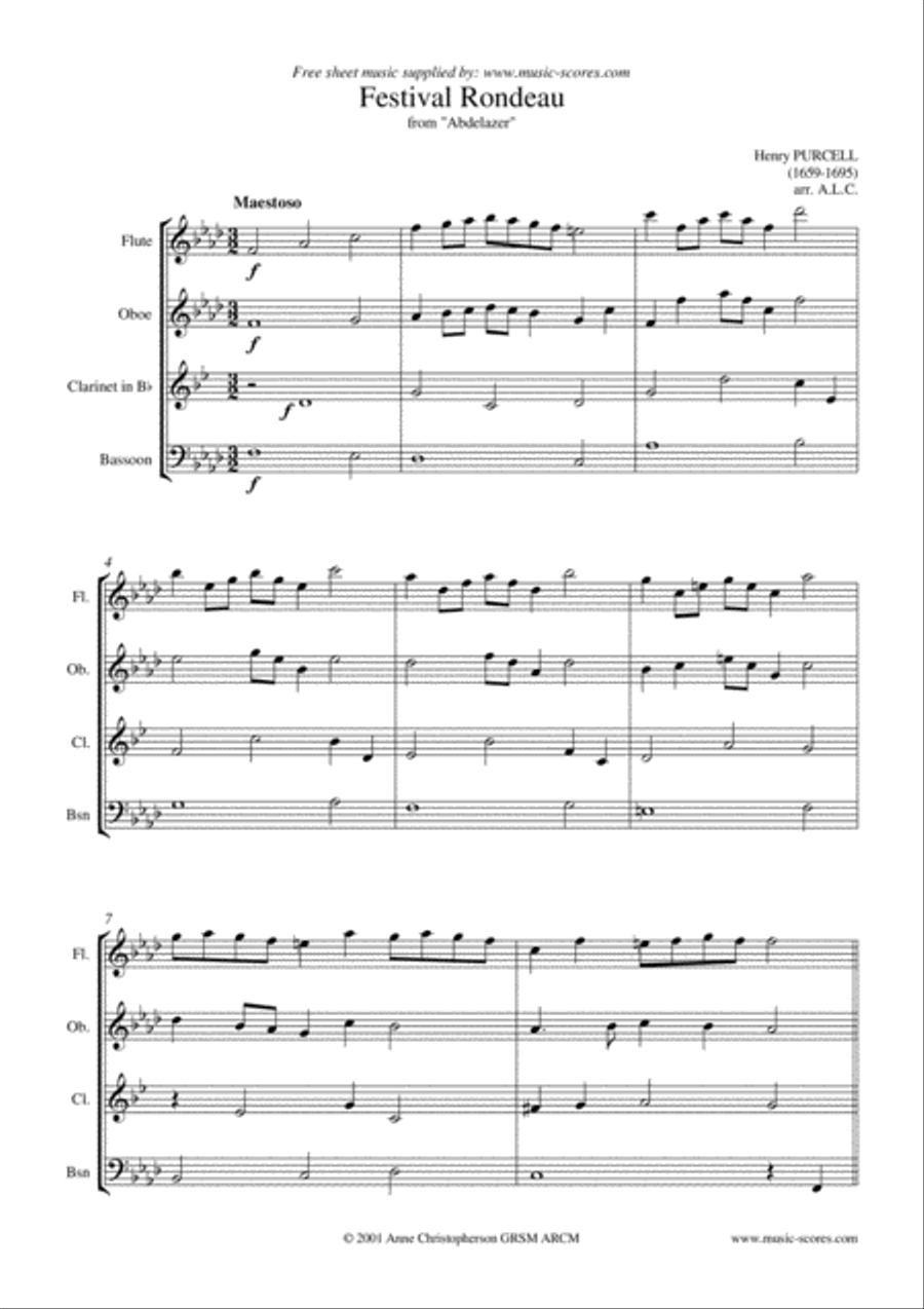 Festival Rondeau from Abdelazer - Wind Quartet - Flute, Oboe, Clarinet & Bassoon Woodwind Quartet scores gallery preview page 1