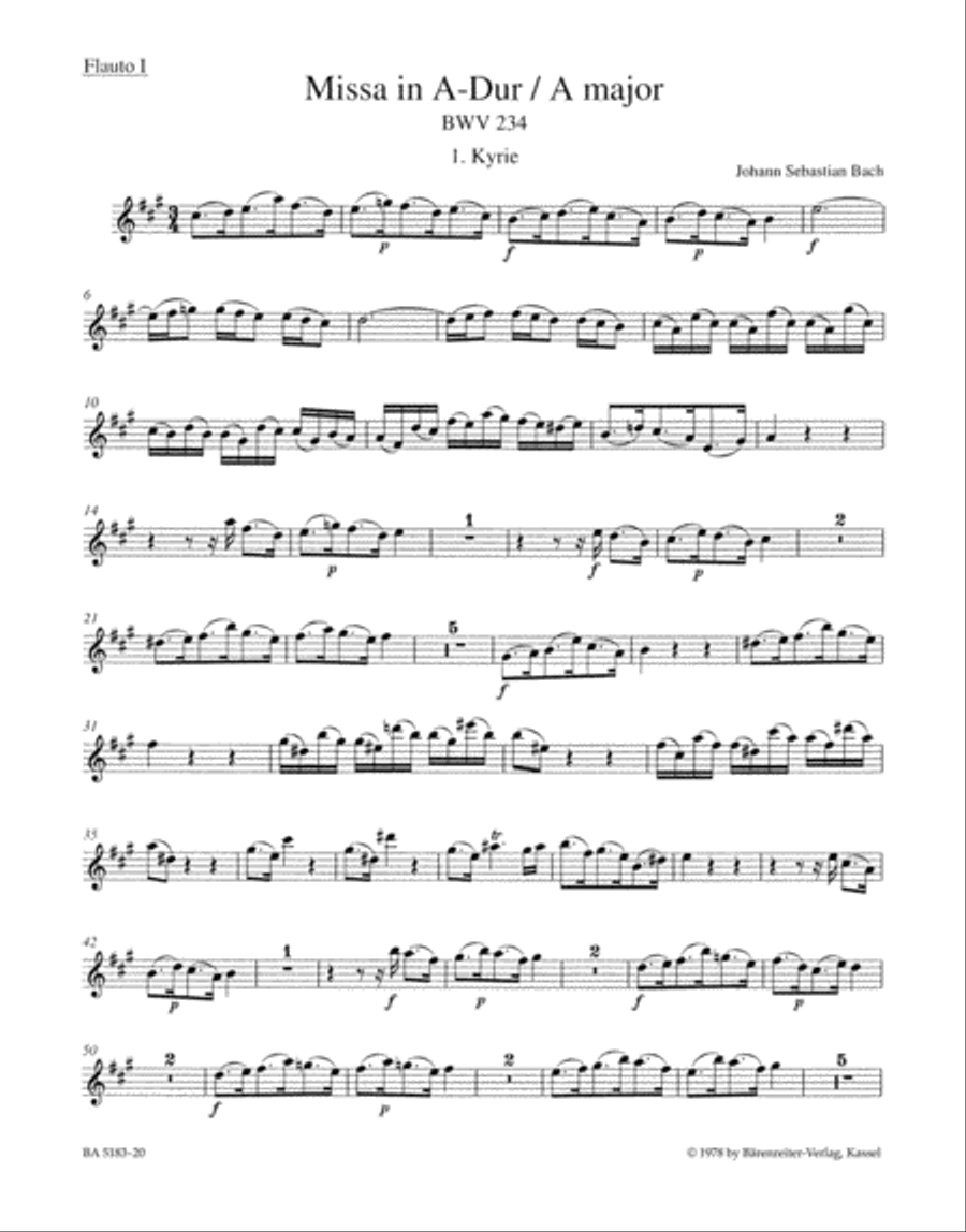 Mass A major BWV 234 'Lutheran Mass 2' Flute scores gallery preview page 1