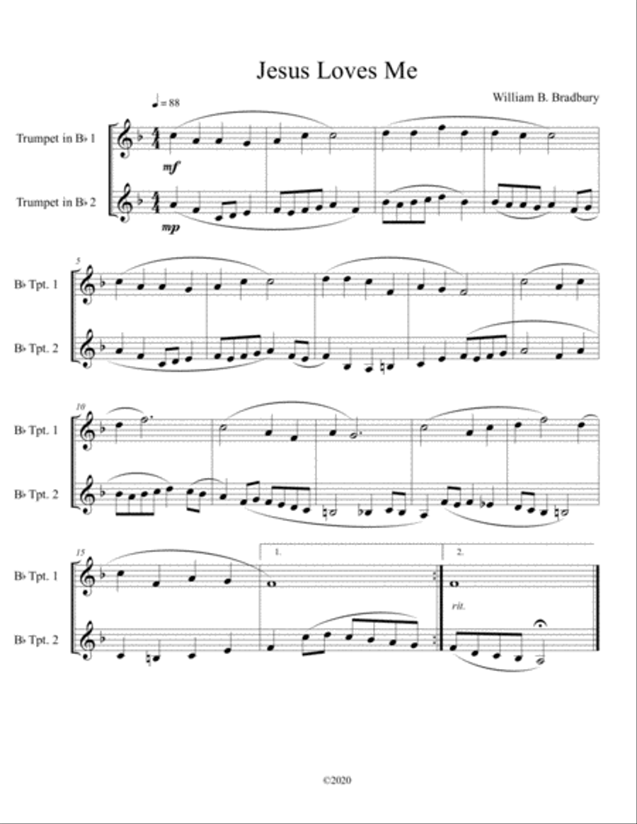 Jesus Loves Me (trumpet duet) Trumpet Duet scores gallery preview page 1