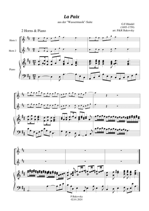 Händel: "La Paix from "Music for the Royal Fireworks" for 2 Flutes or 2 Horns in F and Piano