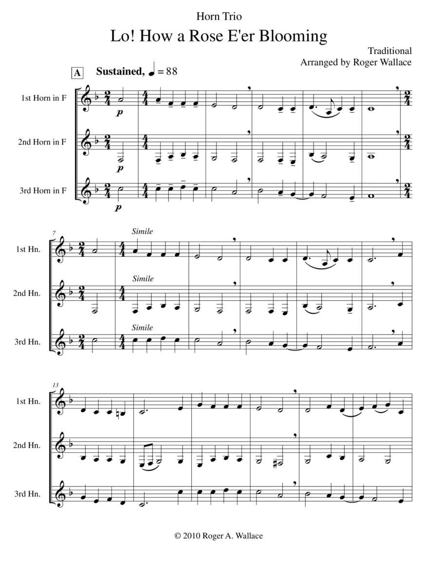 Lo! How a Rose E'er Blooming (Horn Trio) Brass Trio scores gallery preview page 1