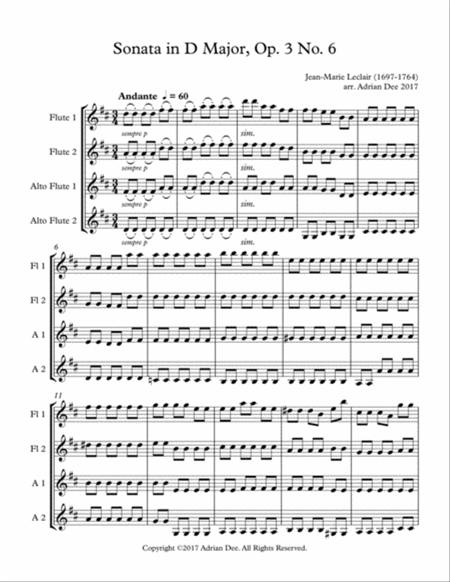 Sonata in D Major, Op 3 Nr 6, arr. Flute Quartet Flute Quartet scores gallery preview page 3