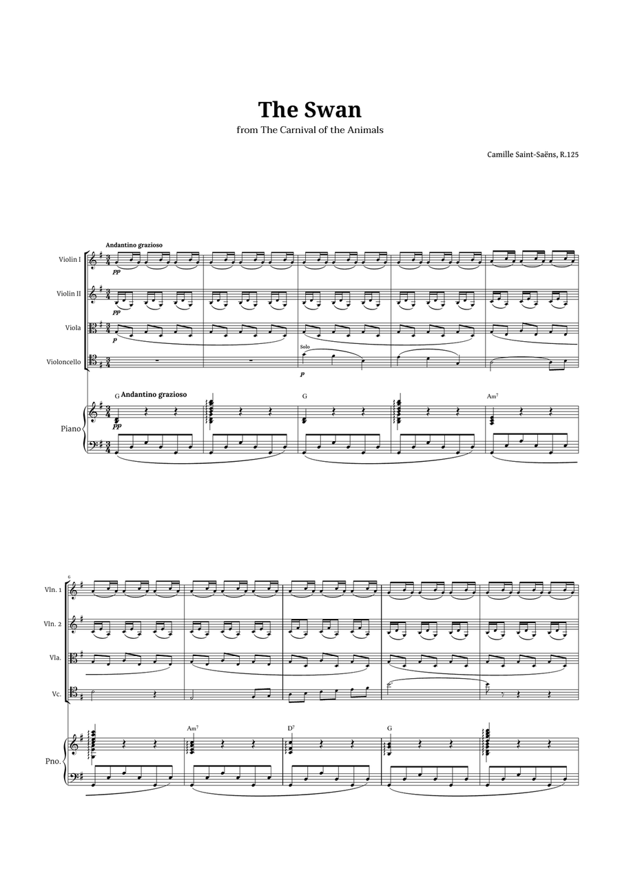 The Swan by Saint-Saëns for String Quartet and Piano with Chords String Quartet scores gallery preview page 1
