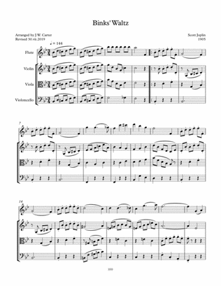 Book cover for Bink's Waltz, by Scott Joplin (1905), arranged for Flute & String Trio